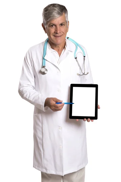 Arzt überprüft Notizen des Patienten auf einem Tablet-PC, der mit seinen s steht — Stockfoto