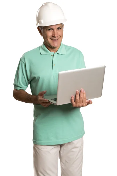 Ingeniero guapo sosteniendo la tableta, aislado en blanco —  Fotos de Stock