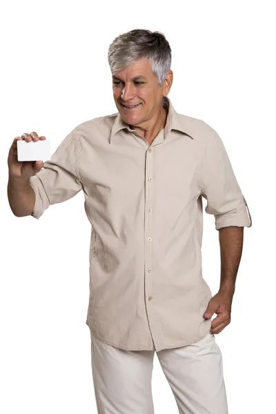 Happy Mature Businessman Showing Blank Visiting Card. — Stock Photo, Image