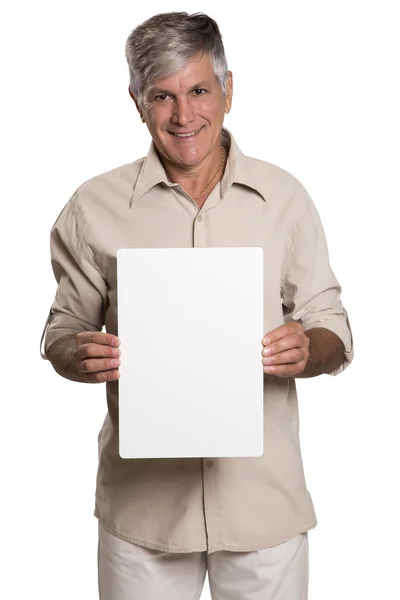 Portrait of a mature man holding a blank panel. — Stock Photo, Image