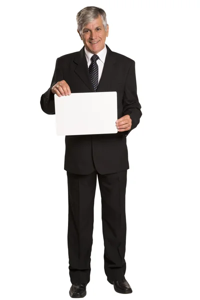 Retrato de feliz sonriente joven hombre de negocios mostrando la señal en blanco —  Fotos de Stock