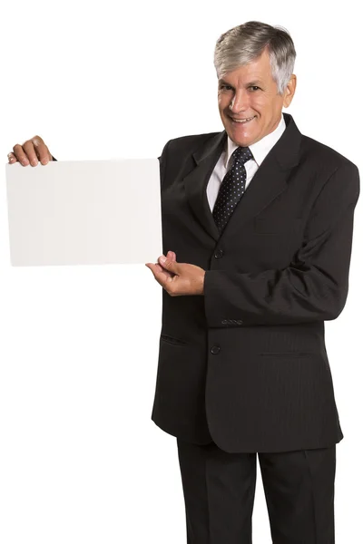 Retrato de feliz sonriente joven hombre de negocios mostrando la señal en blanco —  Fotos de Stock