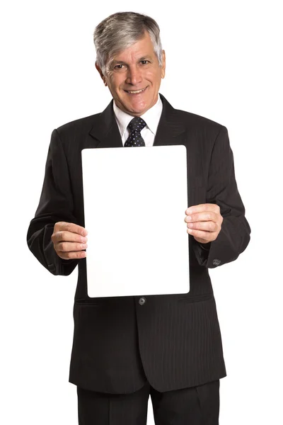 Portrait of happy smiling young business man showing blank signb — Stock Photo, Image