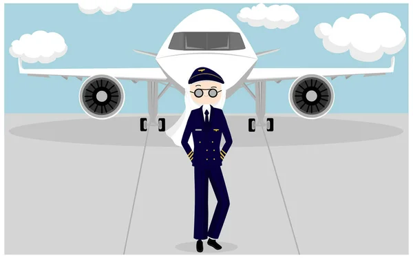 Hijab Pilot Standing Runway Airport Front Aircraft — Stock Vector