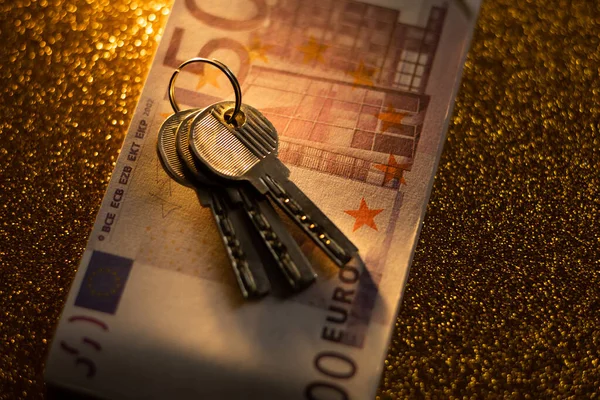 keys and money banknotes on golden background