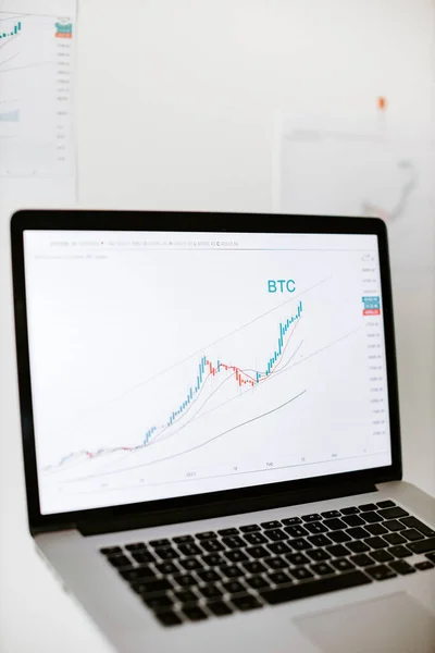 Bitcoin price graph trend data pada layar laptop — Stok Foto