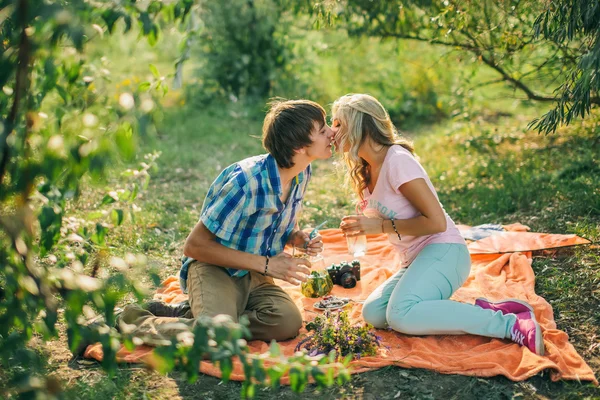 Teenage par kyssas på picknick — Stockfoto