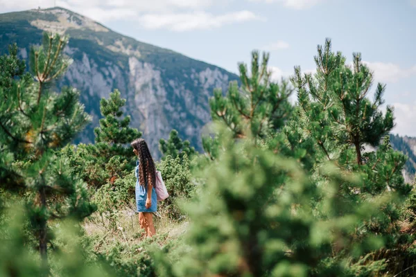 Femme aux cheveux longs voyage dans la forêt d'épinette — Photo