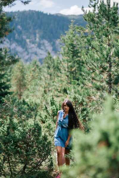 Mulher de cabelo longo viajar na floresta de abeto — Fotografia de Stock