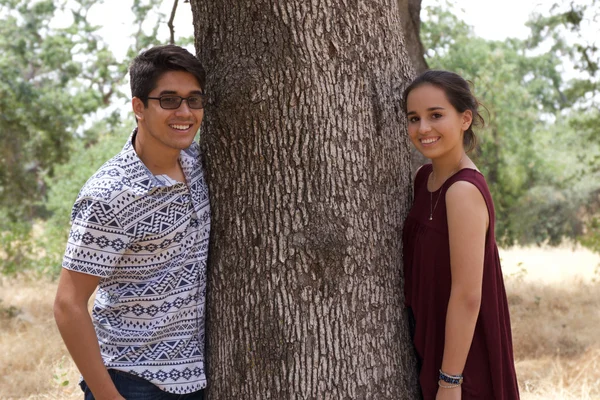 Novio adolescente y novia en un parque al lado de un árbol —  Fotos de Stock