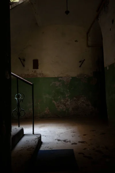 Destroyed Staircase Metal Railing Nostalgically Illuminated Upper Window — Stock Photo, Image