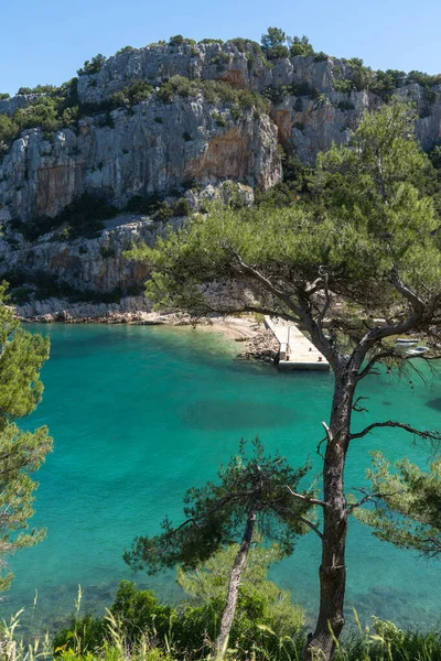 Atmospheric Small Beach Hidden Trees Rocks Turquoise Sea Water — Stock Photo, Image