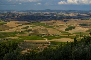Tarlalar ve üzüm bağları desenler oluşturur, yollar rüzgar, tepeler Toskana ufkuna çekilir..