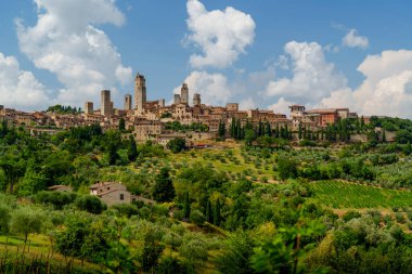 Val DOrcia 'nın geniş altın tarlaları Tuscany yazında dağınık bulutlarla mavi gökyüzünün altında uzanıyor.