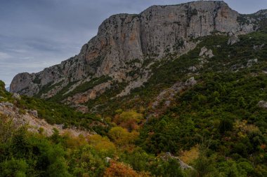 Aşağıdaki yeşil, sonbahar renklerinde Akdeniz vadisinin üzerinde büyük gri kireçtaşı uçurumlar var..
