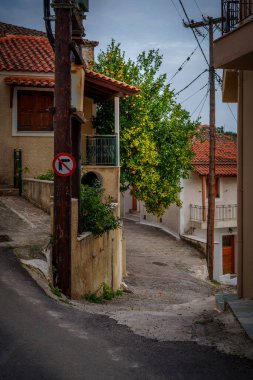 Köy şeridi, kırmızı kiremit çatılı sıva evler, sola dönüş işareti olmayan ahşap elektrik direği ve yol kıvrımlarını dolduran yapraklı bir ağaç arasında kıvrımlar oluşturuyor..