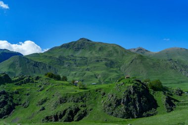 Güneşli yeşil tepeler ve kayalık çıkıntılar Georgia 'da açık mavi bir yaz gökyüzünün altında uzanıyor..