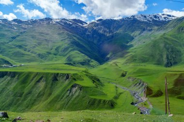 Berrak bir nehir, uzak kar yamaçları ve dağınık bulutlar altında canlı yeşil tepeler boyunca esiyor..
