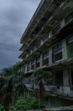 Yıpranmış çok katlı beton kuleler, koyu, bulutlu bir gökyüzünün altındaki palmiye ağaçlarının üzerinde..