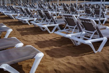 Kumsaldaki güneşli yatakların alçak açılı görüntüsü, insan yok, tatil konsepti..