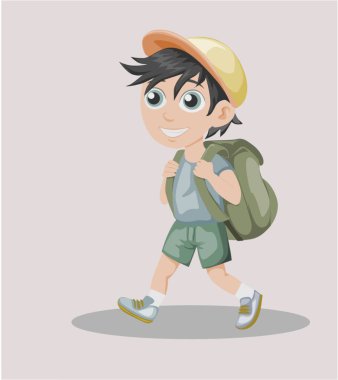 Bir çocuk okula giderken çanta ve şapka takar.