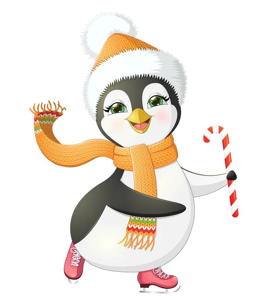 Parlak karikatür penguen buz pateni. Patenli sevimli penguen çizgi filmi. Bir şeker tutuyor. İzole edilmiş beyaz arkaplanda renkli vektör çizimi. 