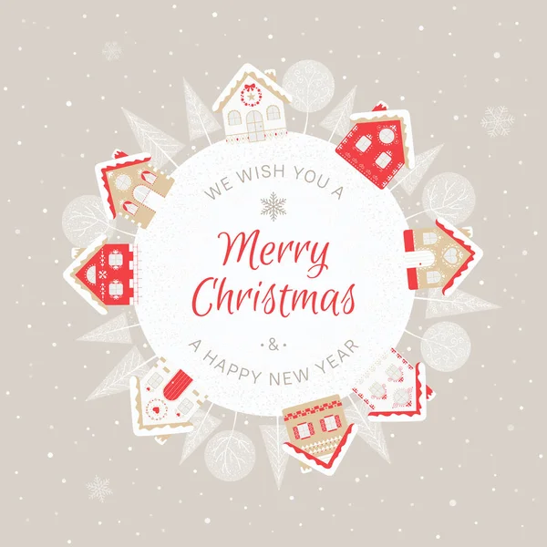 Dünya gezegeninin kış köyü. Noel ve Yeni Yıl tebrik kartı içinde zarif evler, ağaçlar, köknar ve kar var. Vektör çizimi. Tatil tasarımı. 