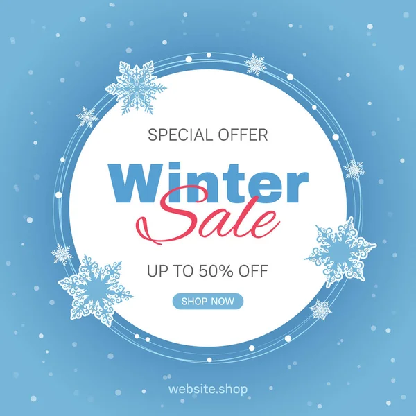 Mavi arka plan ve kar taneleriyle mevsimlik kış indirimi için vektör pankartı. Sosyal medya gönderileri, internet reklamları, el ilanları için kullanılabilir.