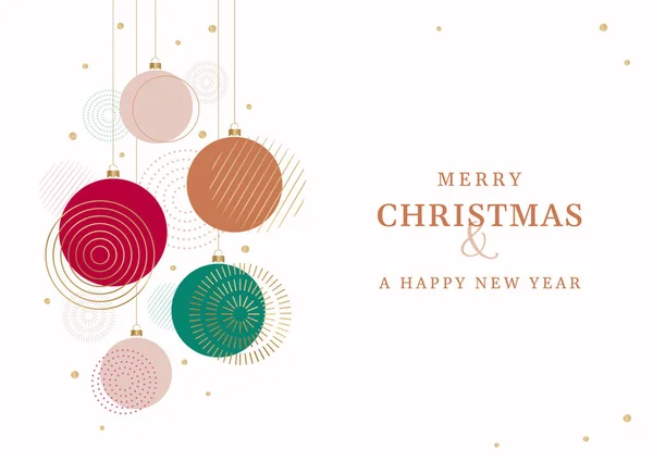 Mutlu Noeller ve mutlu yıllar tebrik kartı. Ofis ve iş projeleri için noel süsleme balolarının soyut vektör çizimi. Modern geometrik tasarım. Pankartlar, tatil davetiyeleri için kullanılabilir.