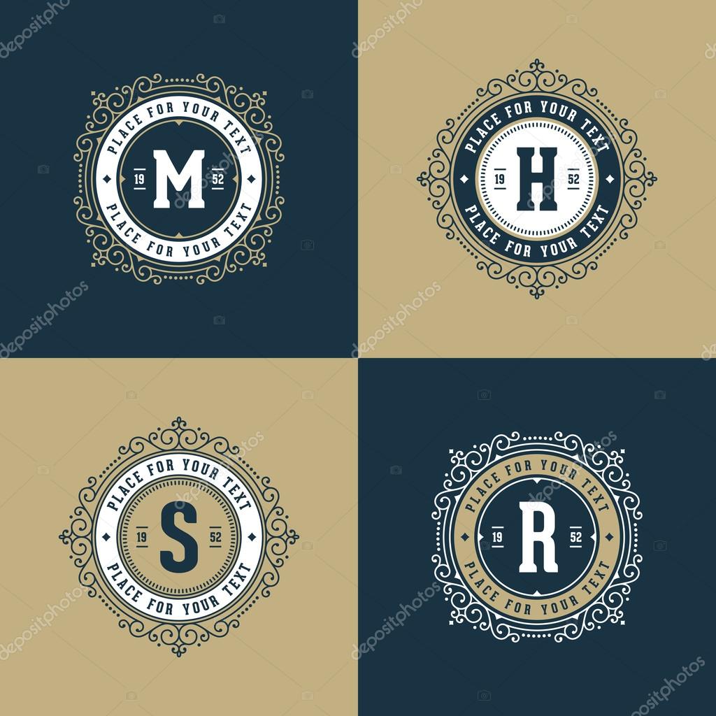 Set of monogram logo template with elegant ornament frames. Design with letter for cafe, shop, store, restaurant, boutique, hotel, heraldic, fashion. Vector illustration.