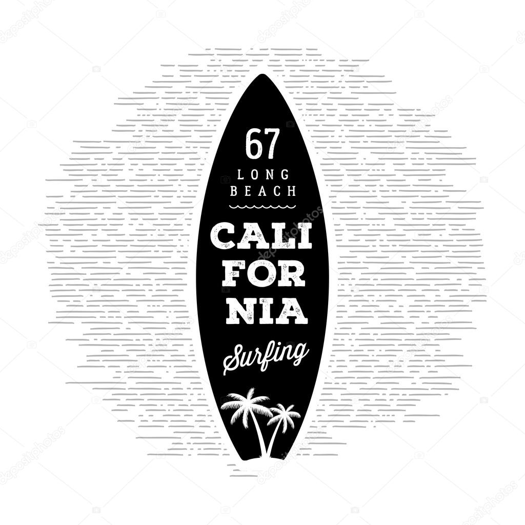 Vector Retro Style Surfing Label. California surfing, long beach. Design for t-shirt print, postcard or poster. Vector illustration.