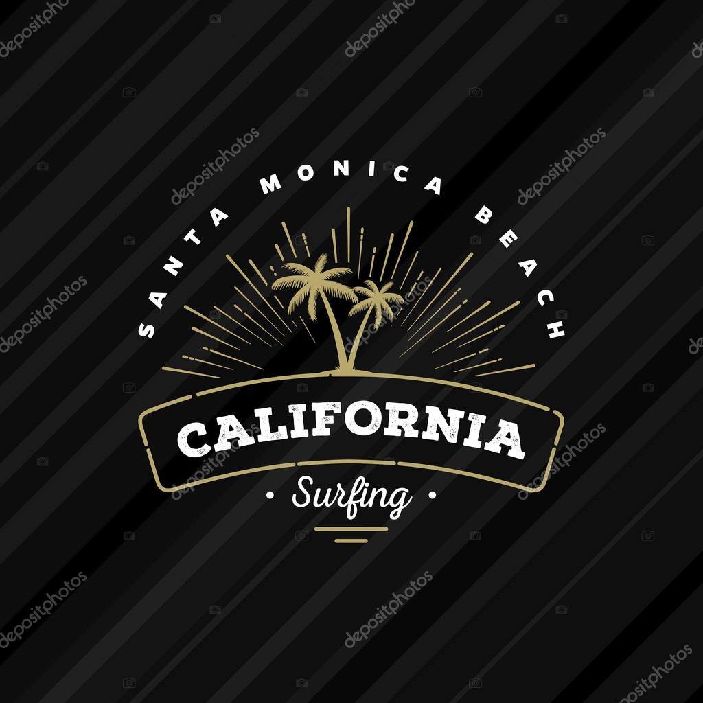 California Surfing. Palms and sun design for t-shirt print, postcard or poster. Vector illustration.