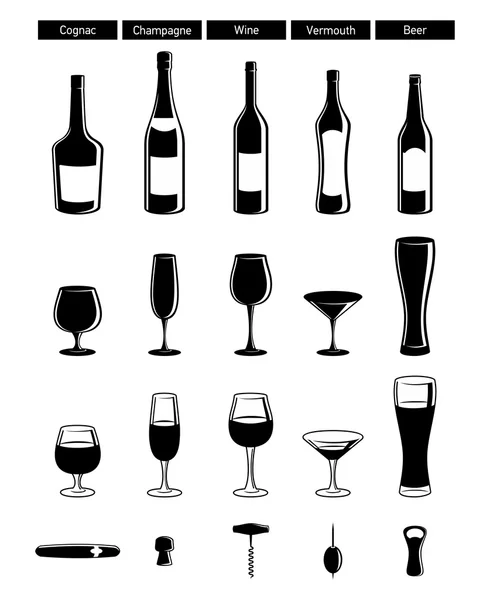 Botellas de vino con punto culminante, gafas de vino — Vector de stock