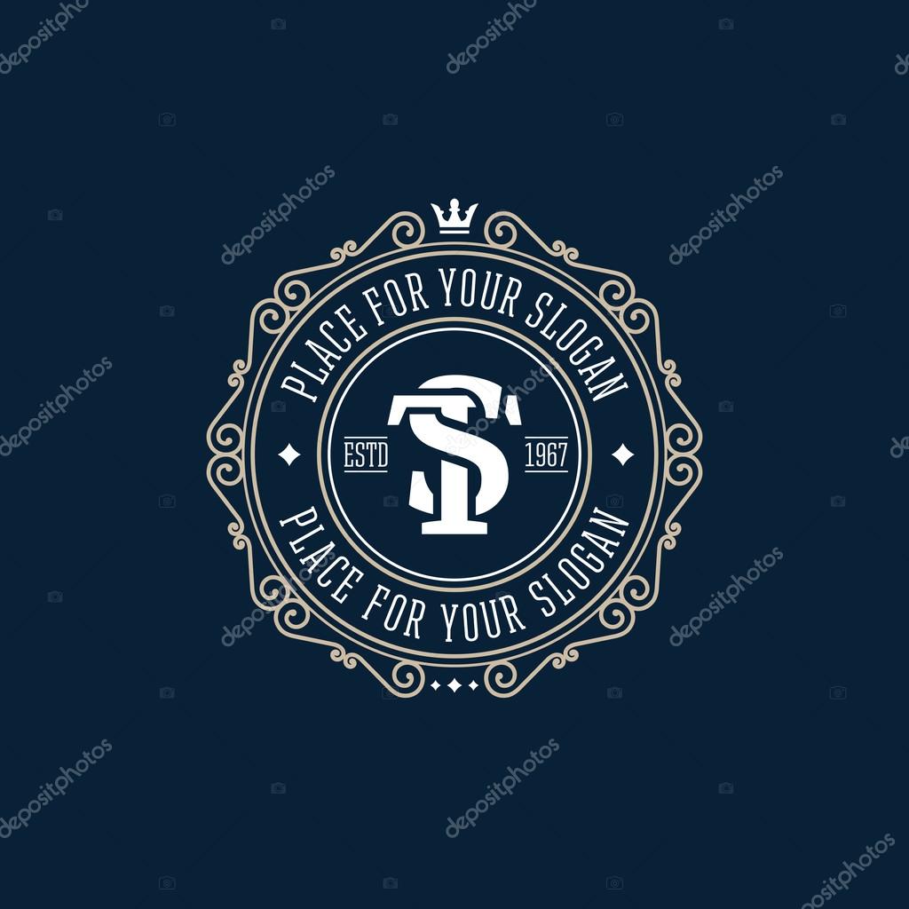 Golden linear hipster monogram with S and T letters. Retro design template.