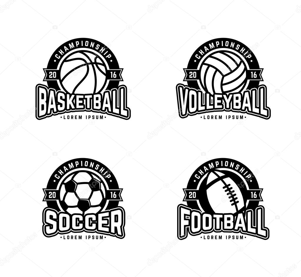 Set of sports logos soccer, american football, volleyball, basketball. Vector abstract isolated illustration. Black and White.