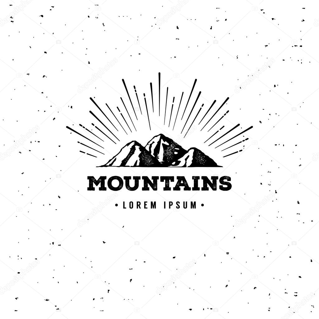 Vector mountains emblem. Outdoor activity symbol with grunge texture.