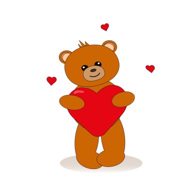 Komik karakter Teddy 'nin pençelerinde kocaman bir kalp var. Sevgililer Günü konsepti. Düz vektör çizimi beyaz arkaplanda izole edildi.