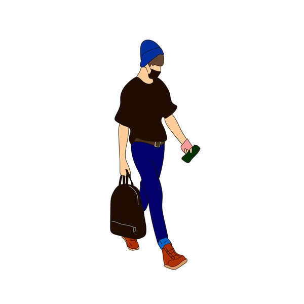 Kpop大街时尚的矢量图解 韩国人的街头偶像流行男偶像时尚 一个穿蓝色牛仔裤 穿黑色T恤 提着一个黑色包的家伙 — 图库矢量图片
