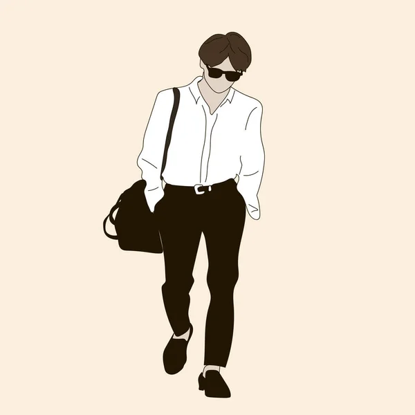Kpopストリートファッションのベクトルイラスト 韓国人のストリートアイドル ポップメンズファッションアイドル 黒のパンツと白いシャツの男 — ストックベクタ