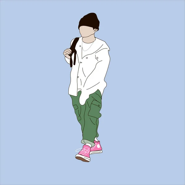 Kpop大街时尚的矢量图解 韩国人的街头偶像Kpop男人的时尚偶像穿着白色夹克 绿色裤子和粉色运动鞋的人 — 图库矢量图片