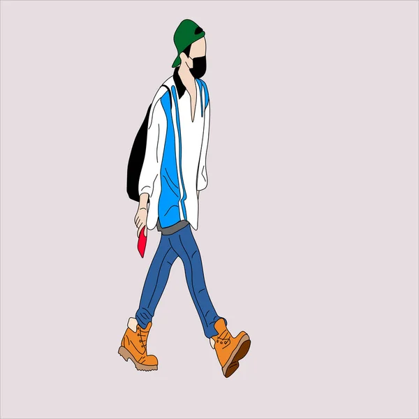 Vector illustration of Kpop street fashion. Street idols of Koreans. Kpop men\'s fashion idol. A guy in blue jeans and a white T-shirt with blue stripes and a backpack and a cap.