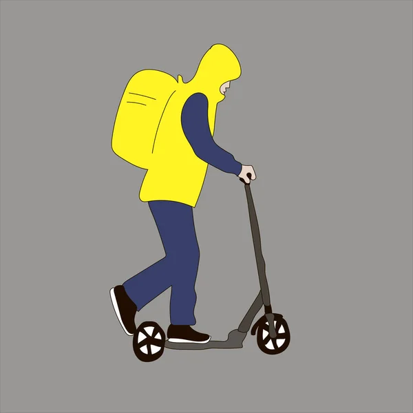 Een Man Een Geel Uniform Een Scooter Levert Een Pakje — Stockvector