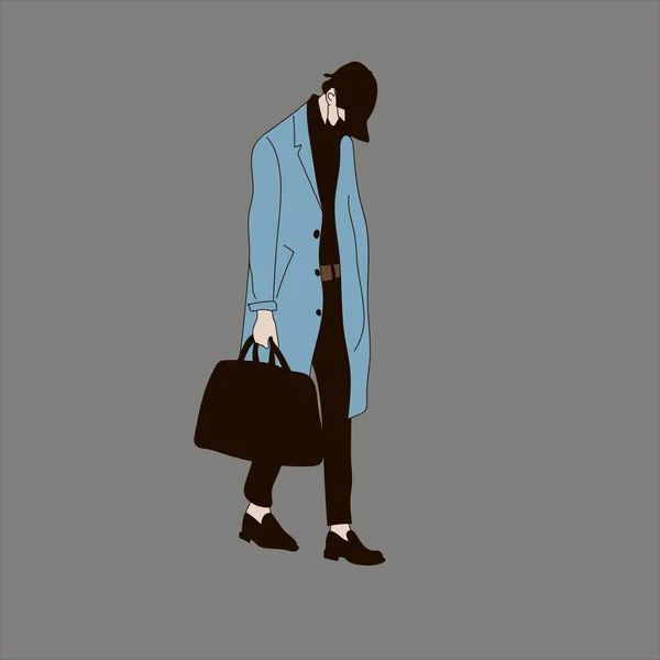 Kpop大街时尚的矢量图解 韩国人的街头偶像Kpop男人的时尚偶像一个穿黑裤子的家伙 他的脸戴着面具 头戴黑包的蓝色外套 — 图库矢量图片