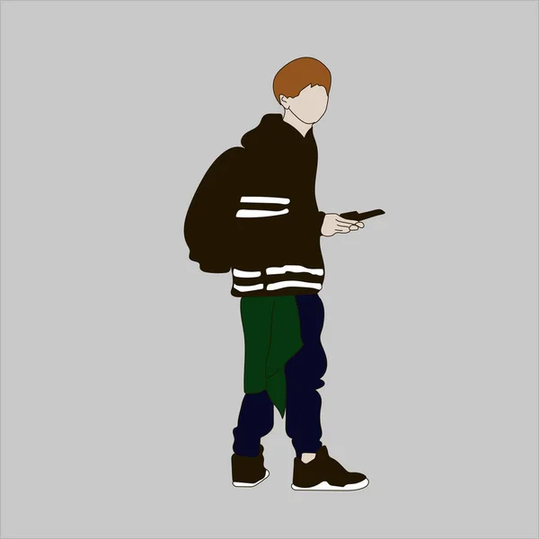 Kpop大街时尚的矢量图解 韩国人的街头偶像流行男装偶像一个穿着牛仔裤和黑色运动衫 背着背包的家伙 — 图库矢量图片