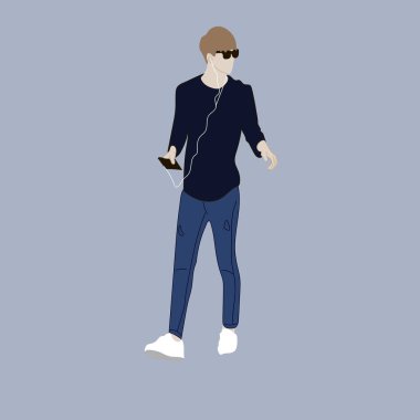 Kpop sokak modasının vektör illüstrasyonu. Korelilerin sokak idolleri. Kpop erkek moda idolü. Kot pantolonlu ve elinde telefon olan siyah kazaklı bir adam..