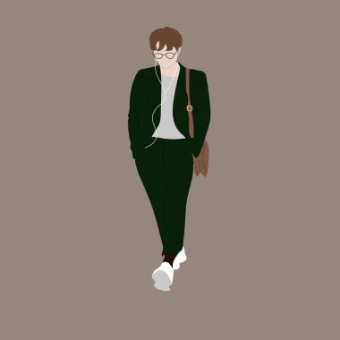 Kpop sokak modasının vektör illüstrasyonu. Korelilerin sokak idolleri. Kpop erkek moda idolü. Yeşil takım elbiseli, kahverengi çantalı bir adam..
