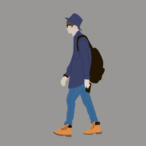 Vector illustration of Kpop street fashion. Street idols of Koreans. Kpop men's fashion idol. A guy in a blue shirt and jeans and a hat with a backpack.