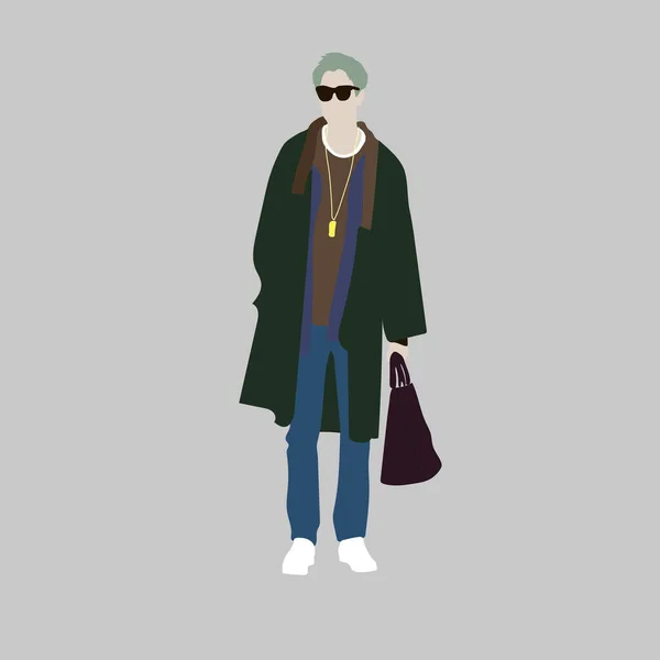 Kpop大街时尚的矢量图解 韩国人的街头偶像流行男装偶像一个穿着绿色外套 穿着牛仔裤和背包的家伙 — 图库矢量图片