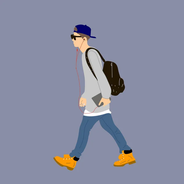 Vector illustration of Kpop street fashion. Street idols of Koreans. Kpop male idol fashion. A guy in blue jeans and a gray sweatshirt, a backpack on his back.