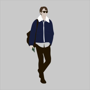 Kpop sokak modasının vektör illüstrasyonu. Korelilerin sokak idolleri. Kpop erkek moda idolü. Mavi ceketli ve sırt çantalı siyah pantolonlu bir adam..